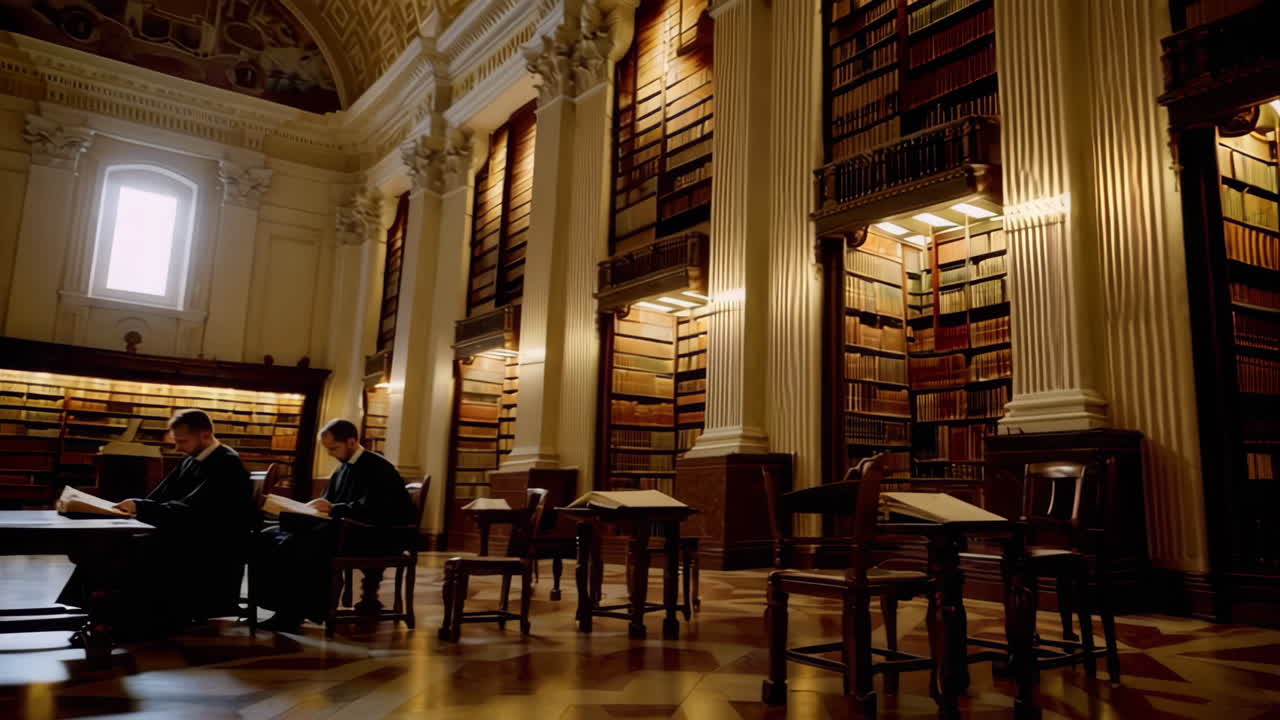 Monks Studying in a Grand Historical Library