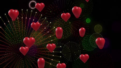 animation of red hearts over fireworks on black background