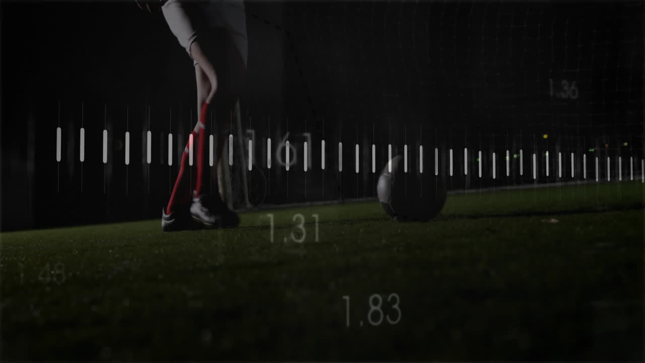 soccer player controlling ball on turf pitch at night, showing animated sports technology metrics