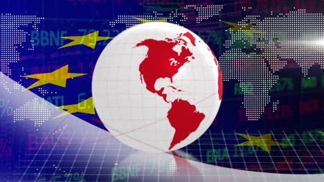 animazione del globo e della mappa del mondo sopra la bandiera dell'ue
