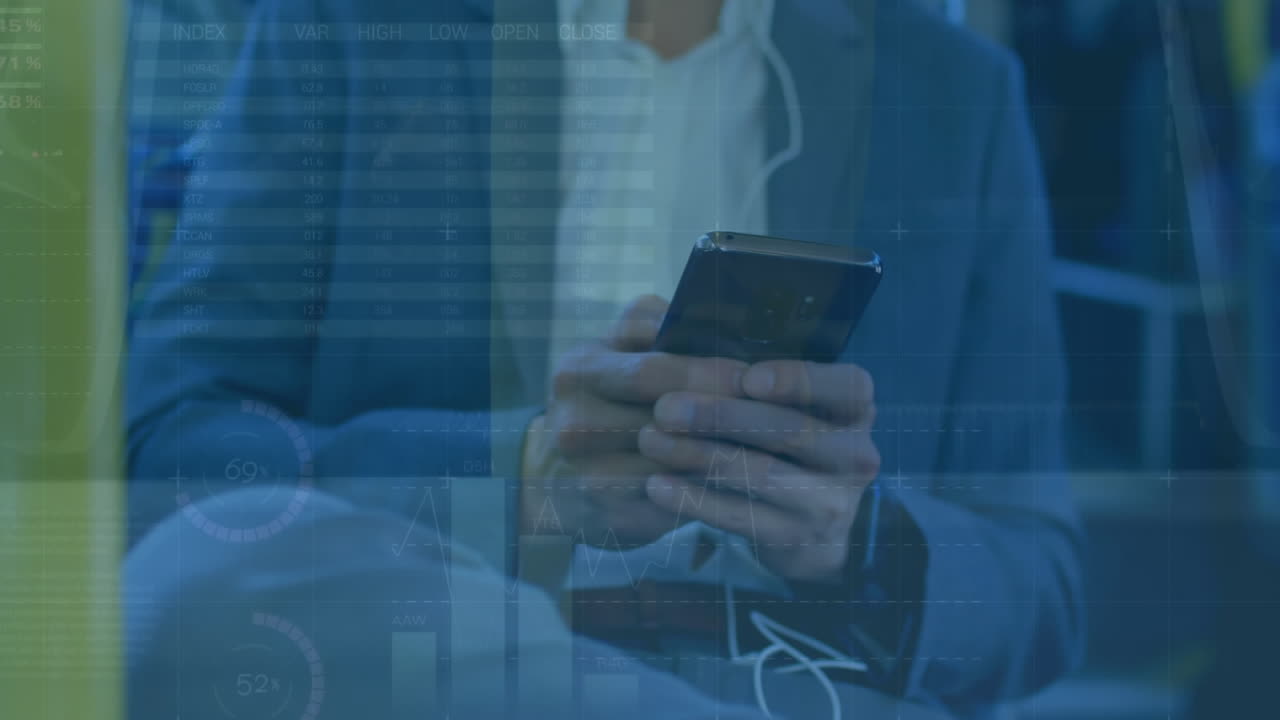 Animation of financial data processing over caucasian businessman using smartphone