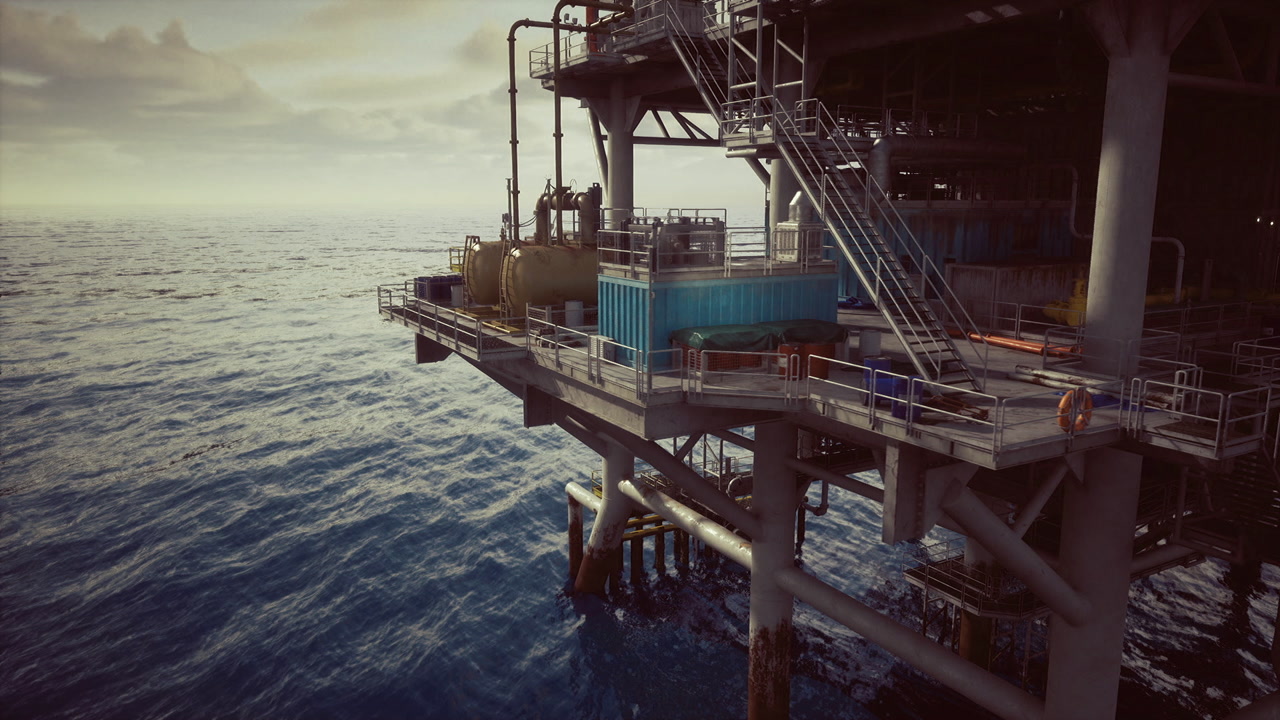 Early morning offshore platform illuminated by warm light and sea vastness