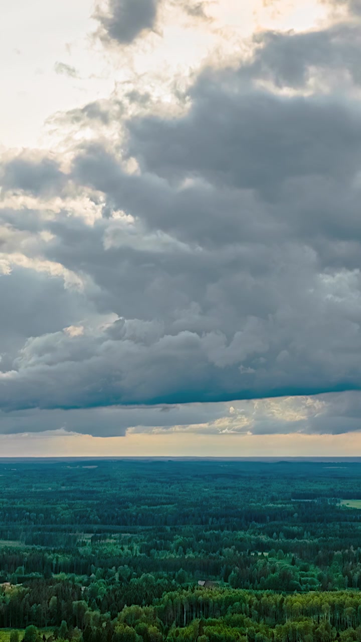 Aerial vertical timelapse of dramatic grey storm clouds moving across sky above vast dark green forest stretching to glowing flat horizon on moody overcast day
