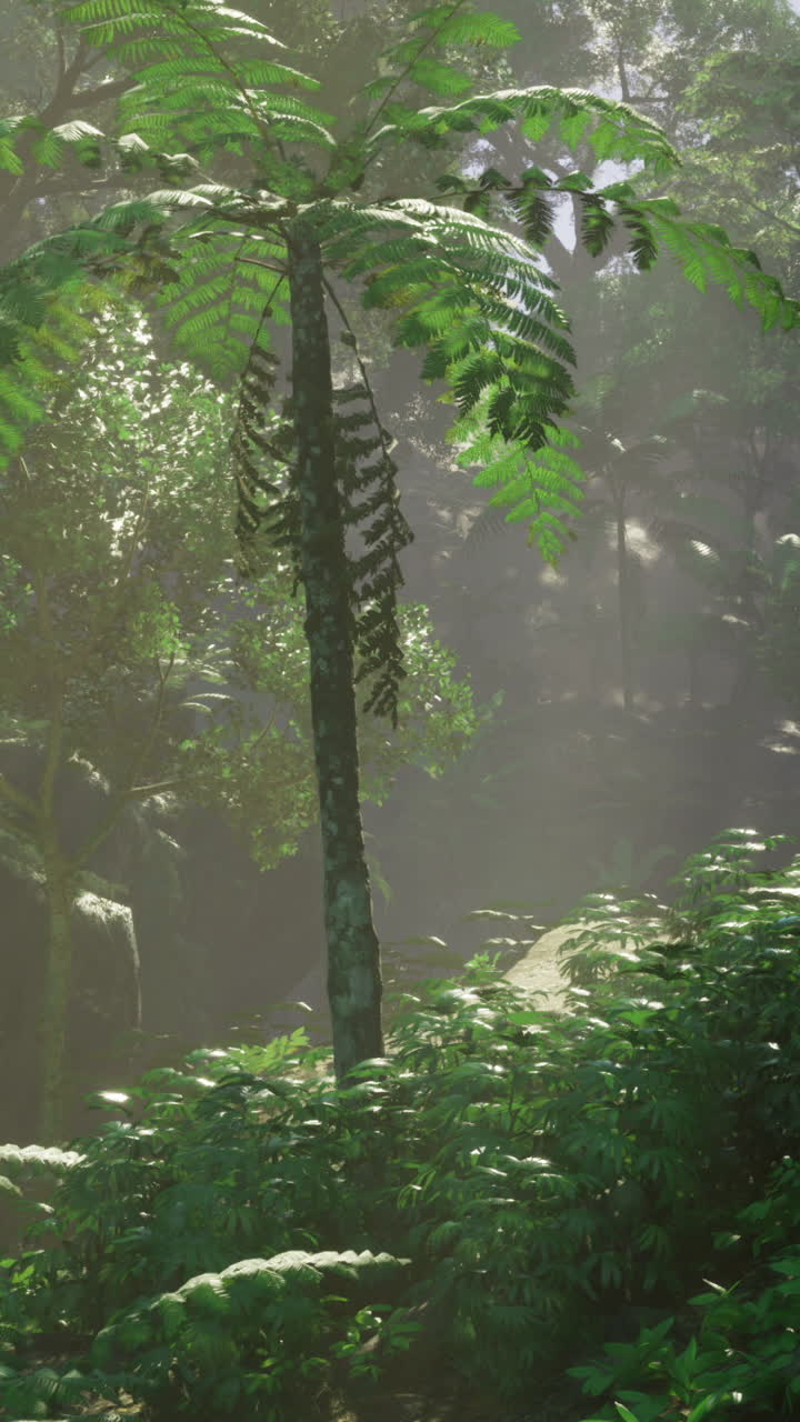 Sunlight filters through lush trees in a vibrant tropical jungle