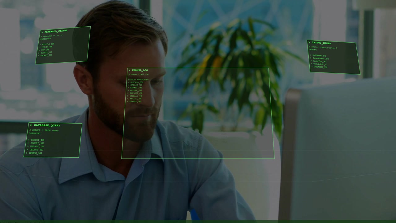 Office man glancing at monitor, HUD panels emerging around head while analyzing business data