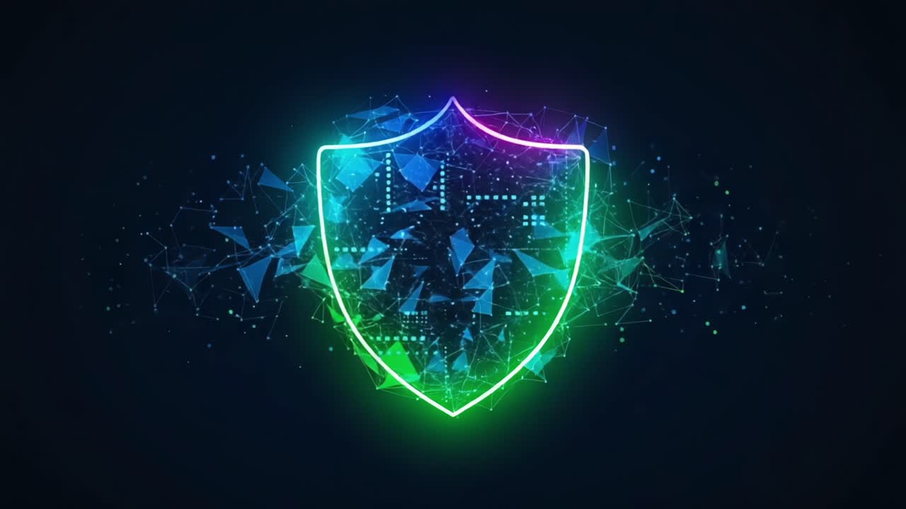 A Digitized Shield Icon Surrounded by Vibrant Geometric Patterns and Colorful Light Effects Representing Cybersecurity and Protection Concepts