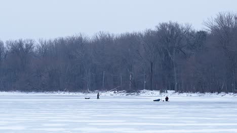 wide shot of people ice fishing on a frozen bay