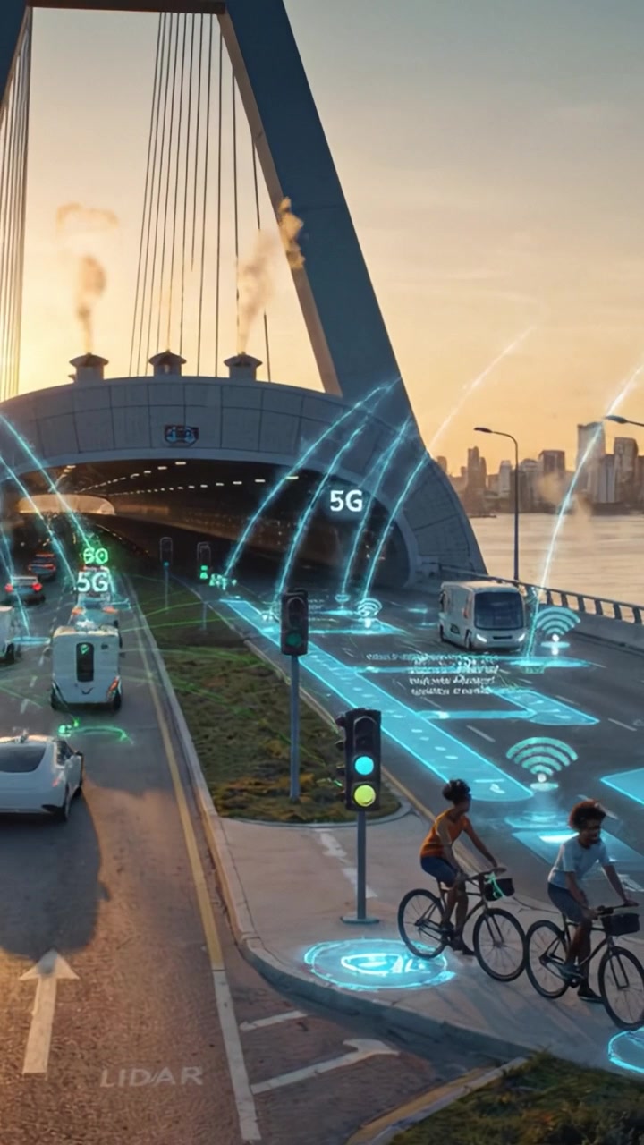 Modern Urban Transport: A Dynamic Cityscape Depicting Efficient Traffic Flow, Cyclists, and Advanced Connectivity with a Focus on 5G Technology in Action