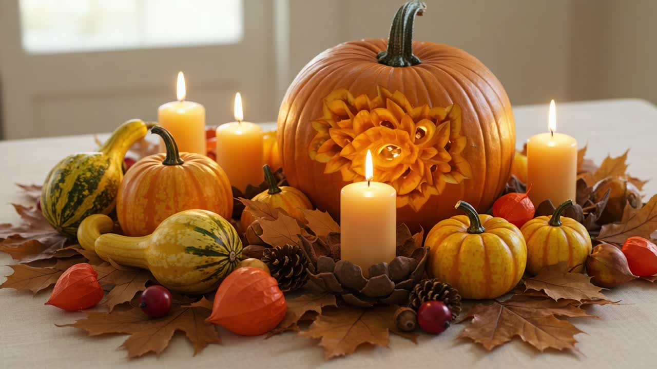 Beautifully Arranged Autumn Decor Featuring a Carved Pumpkin Surrounded by Candles, Gourds, and Colorful Leaves to Celebrate the Spirit of Fall