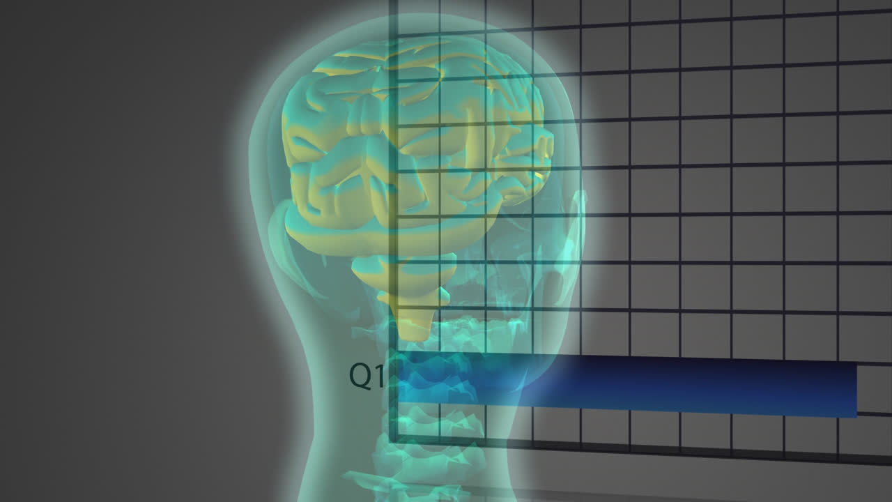 회색 배경 위에서 차트, 그래프 및 회전 머리 모델의 애니메이션