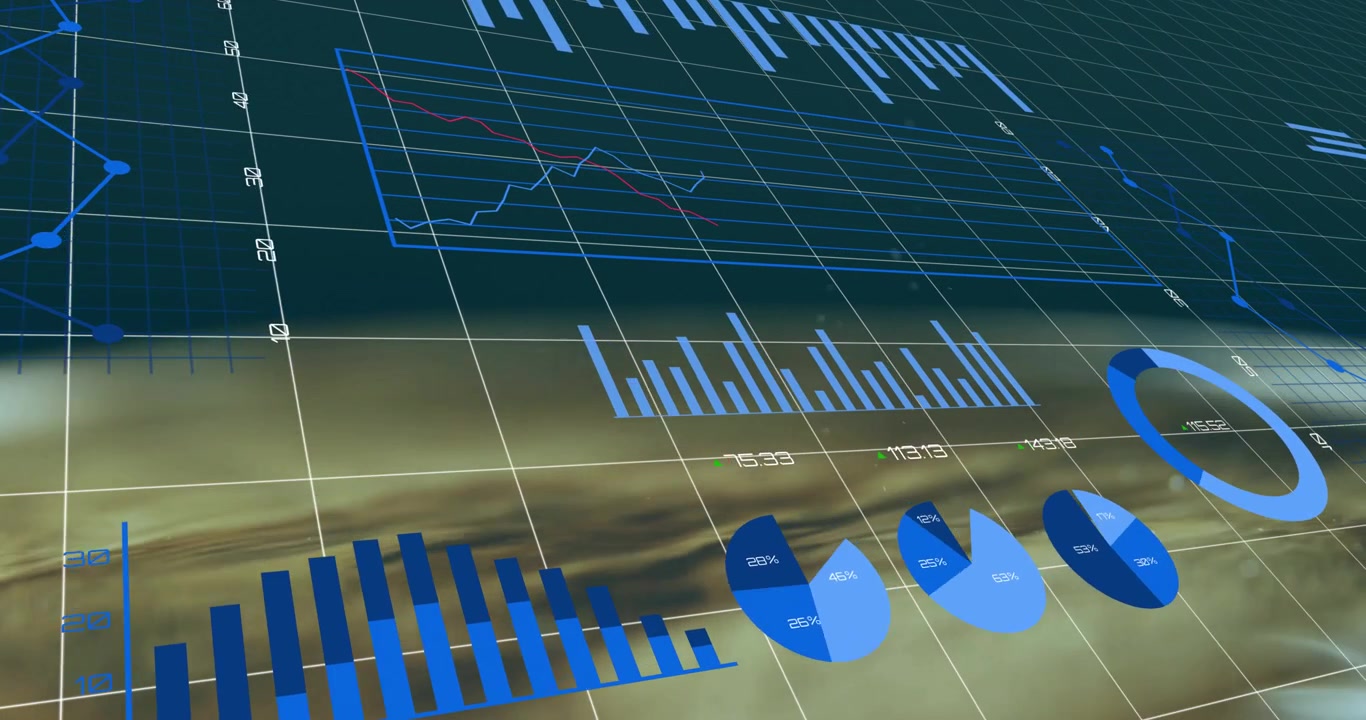 Data interface starting with bars rising rotating animating pie, ring and line graphs for analytics