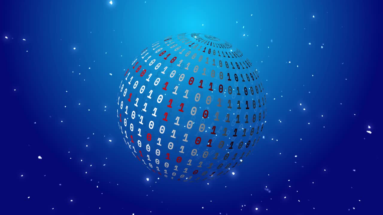 On launch sphere with multicolored digits rotating, camera zooming out showing data space