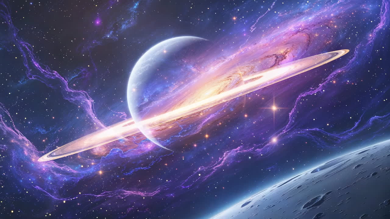 A Majestic Ringed Planet in a Cosmic Nebula