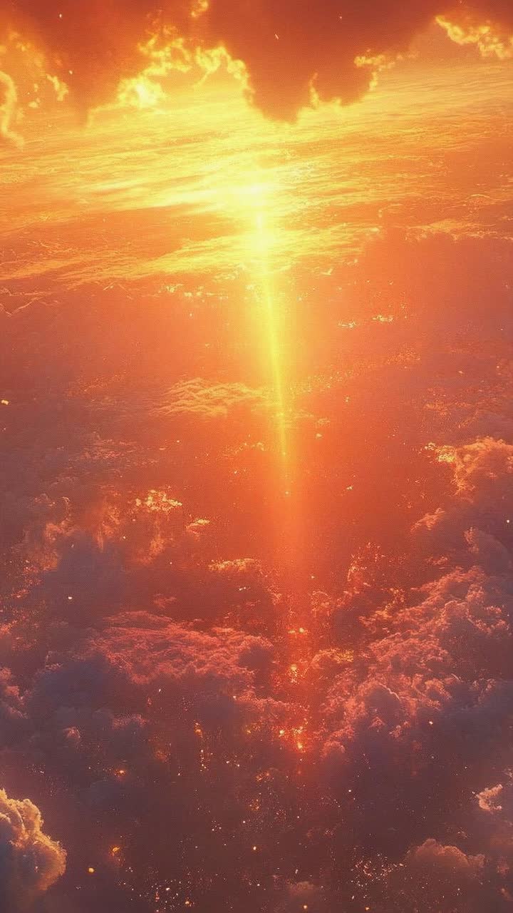 Aerial view of a sunset sky with vibrant clouds and a sunbeam piercing through, resembling a fantasy