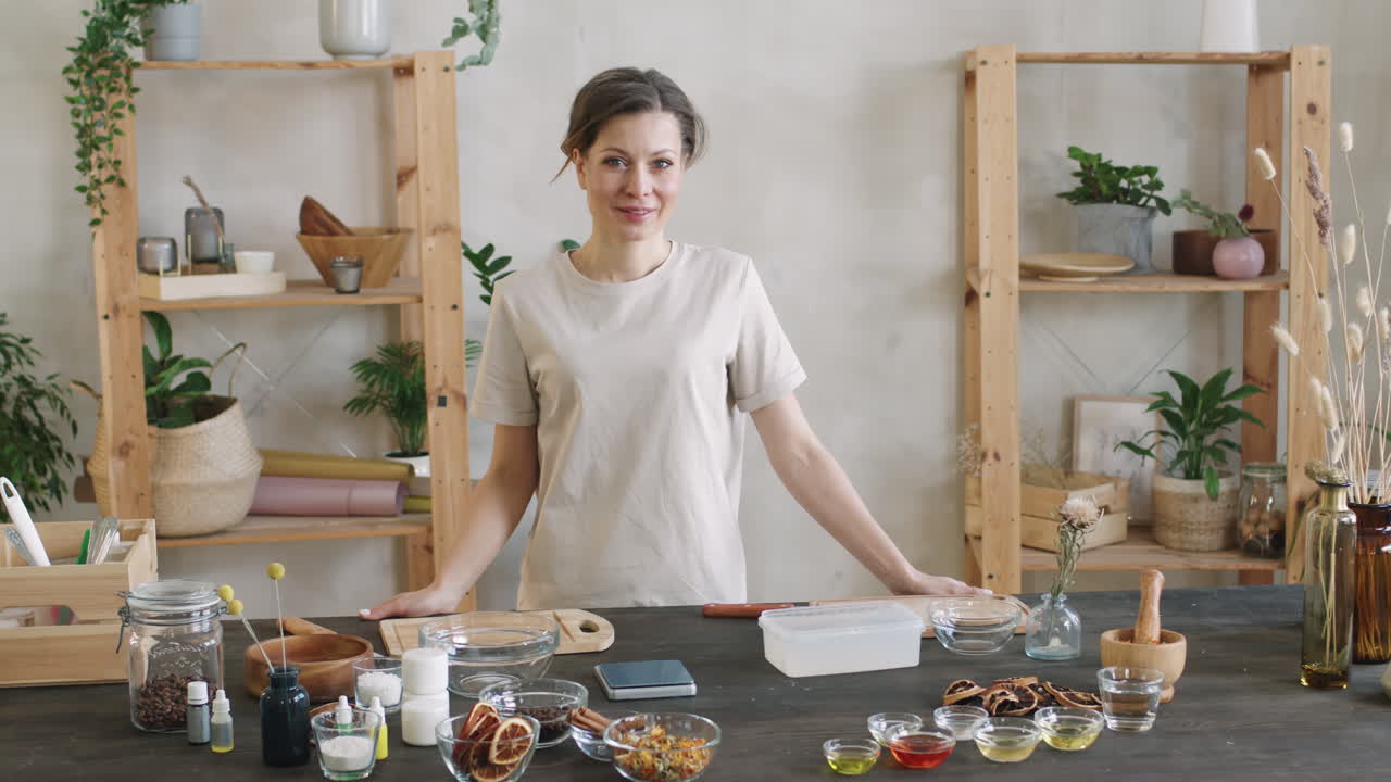 Smiling Woman With Natural Cosmetics Ingredients