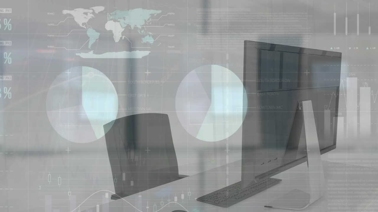 사무실의 책상 위에 있는 비어있는 의자와 컴퓨터와 키보드 위에 있는 인포그래픽 인터페이스의 애니메이션