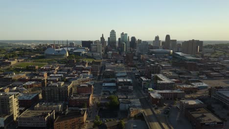 birds eye aerial view of downtown kansas city, missouri during sunrise