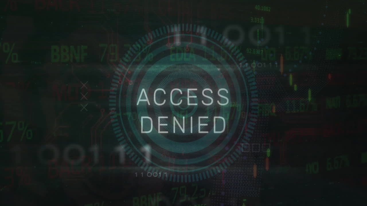 Animation of access denied text, scope and data processing over black background