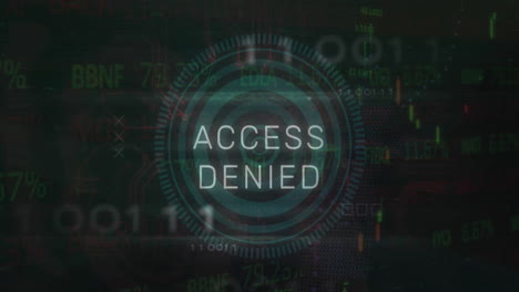 animation of access denied text, scope and data processing over black background