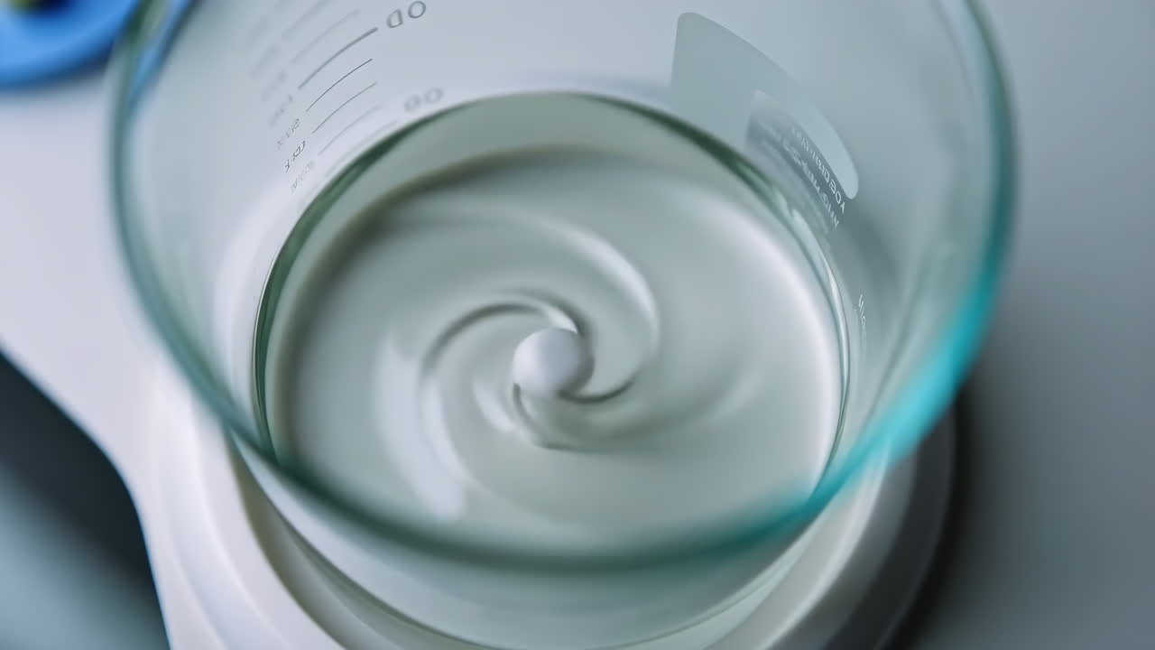 White liquid being stirred in a beaker, forming a vortex