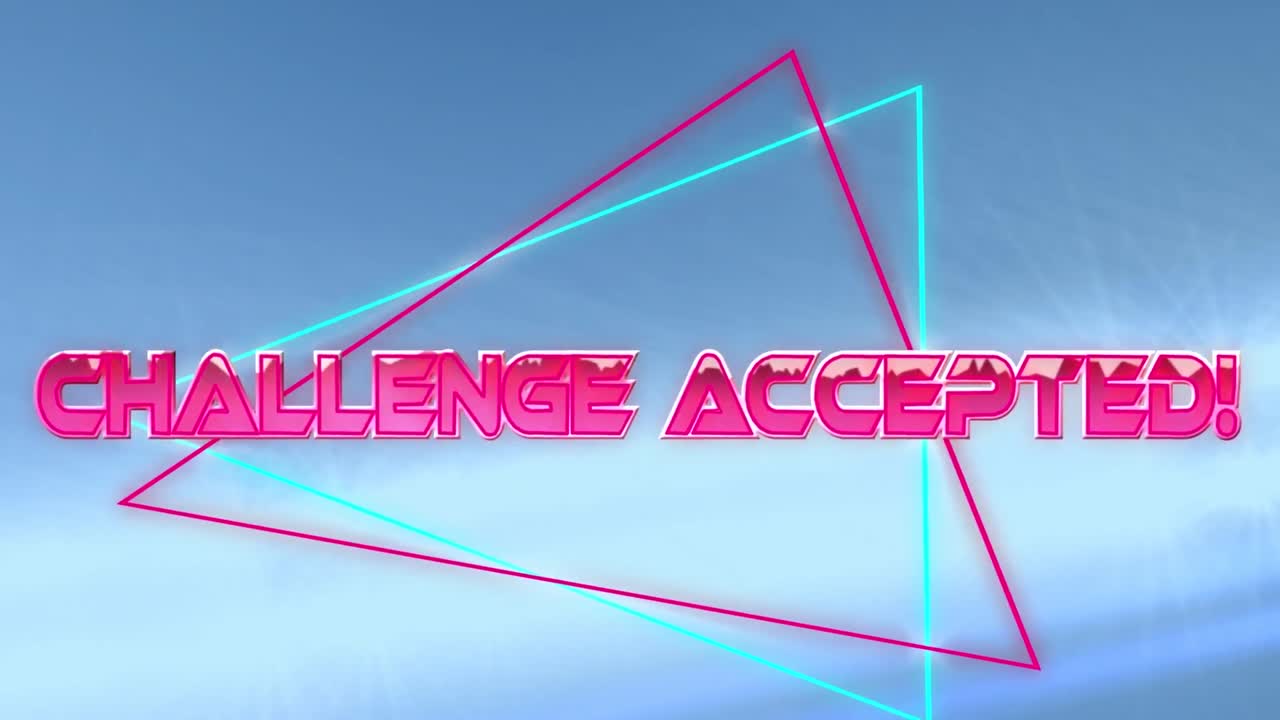 파란색 바탕에 빛의 반점에 대한 네온 삼각형 위에 받아들여진 도전 텍스트