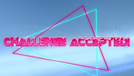 Challenge-accepted-text-over-neon-triangles-against-spots-of-light-on-blue-background