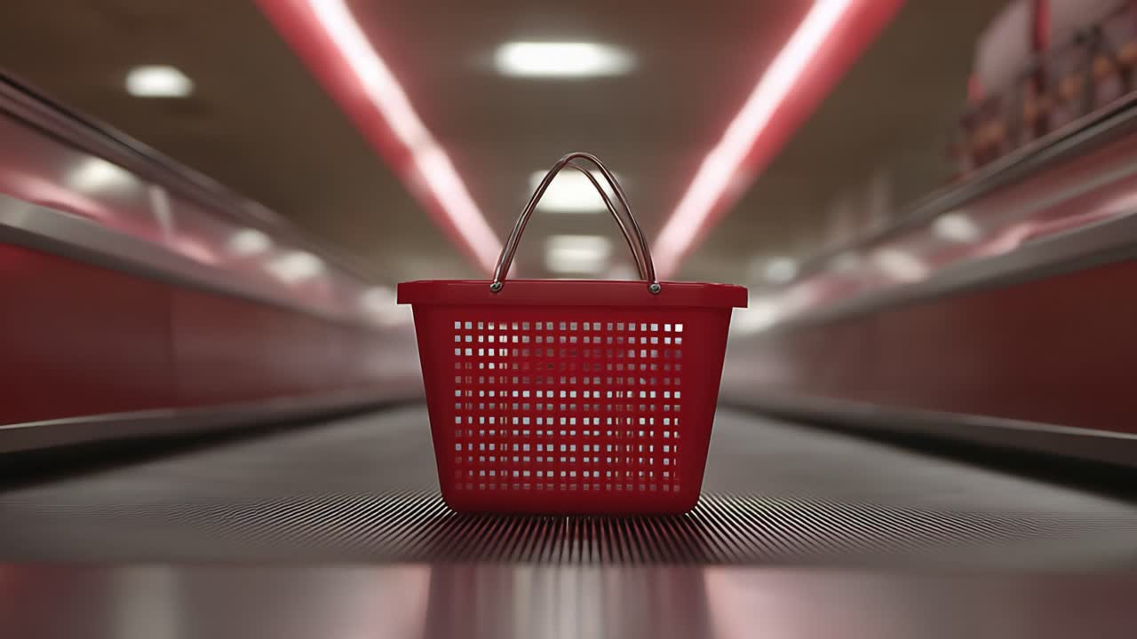 A bright red shopping basket stands prominently in the foreground, set against a blurred corridor with glowing pink lights, evoking a sense of modern retail shopping experience