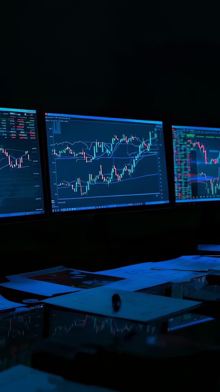 Video verticale: feed di dati in streaming che alimenta monitor che aggiornano grafici alla scrivania, con fogli e penna