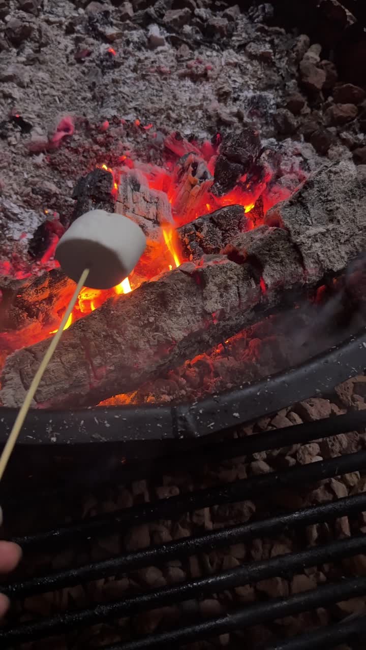 Rosta marshmallows över en mysig lägereld på natten