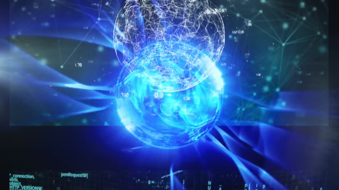Animation of glowing globe spinning over screens displaying stock exchange financial data and citysc