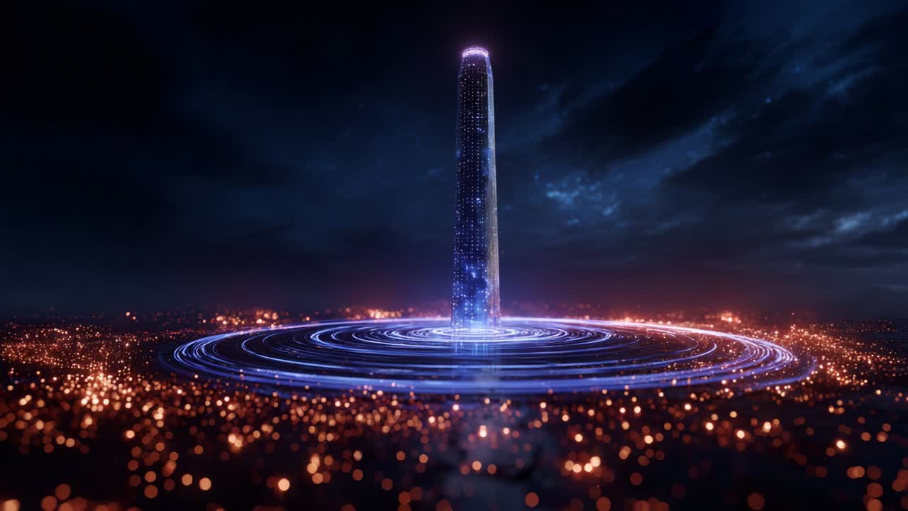 A Stunning Visual of a Towering Monolith Surrounded by Glowing Circular Patterns and an Enigmatic Night Sky, Merging Technology and Imagination in a Mesmerizing Digital Landscape