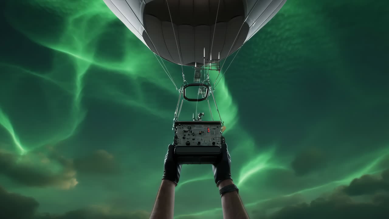 A hot air balloon ascends into a vibrant green aurora sky, with hands reaching upwards