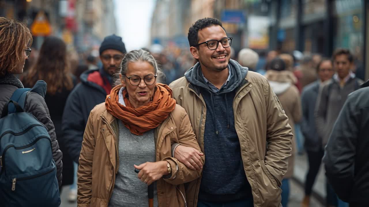 Entering foreground, mother and son linked walking with cane through busy shopping street, bonding