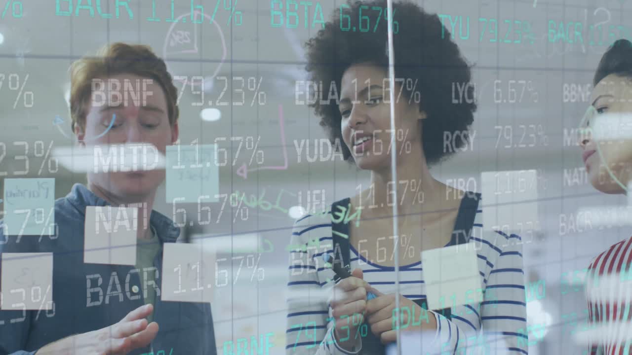 Animazione di elaborazione dati finanziari su colleghi diversi che discutono su una lavagna di vetro in ufficio