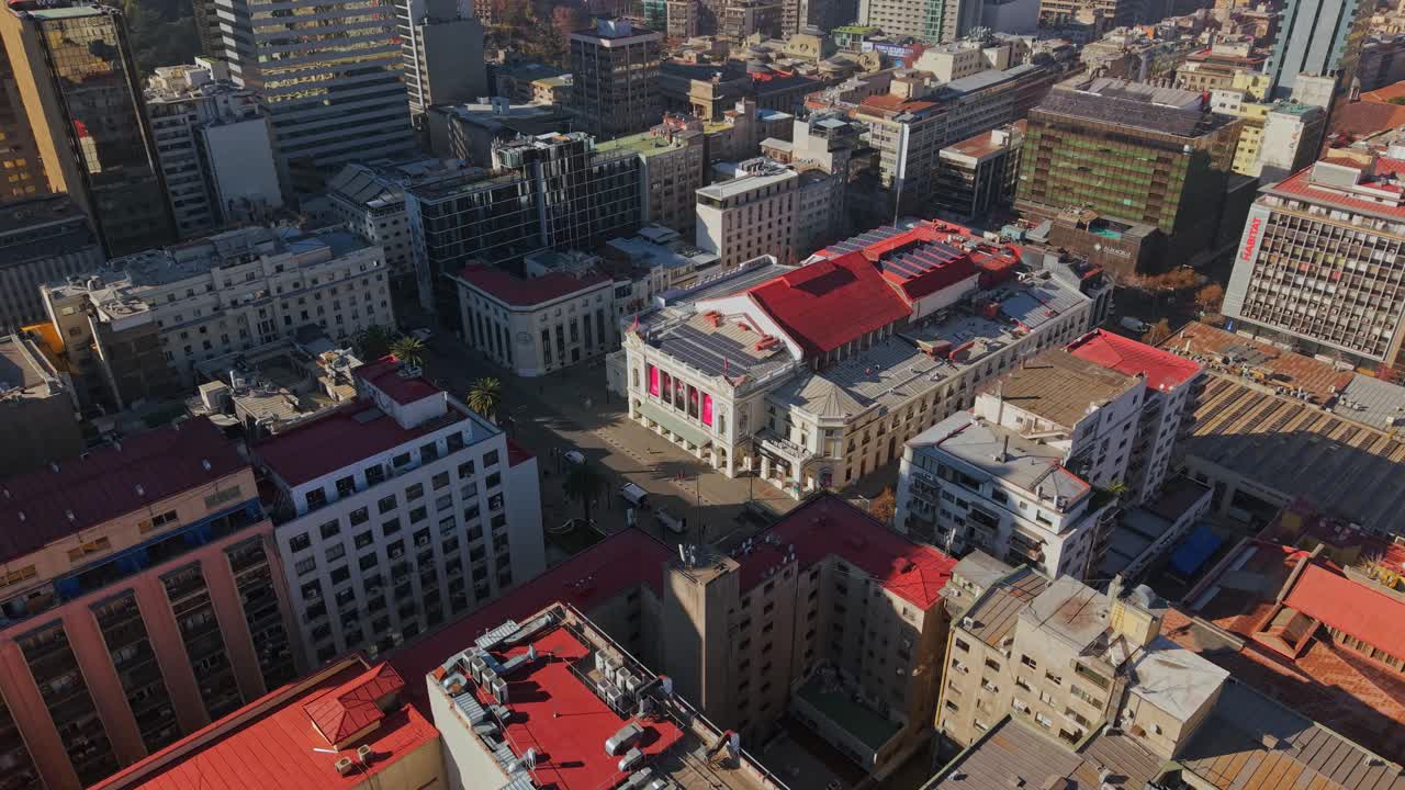Aerial view of the Municipal Theater of Santiago, Chile, standing out in the center of Santiago, ancient and heritage architecture with modern contrasts such as solar panels