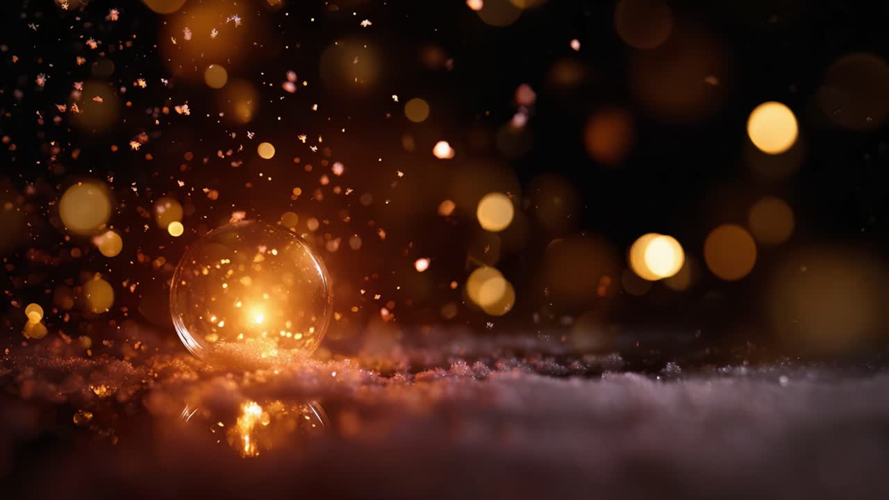 A mesmerizing display of light and texture featuring a luminous orb surrounded by shimmering reflections and sparkling particles in a dreamy atmosphere