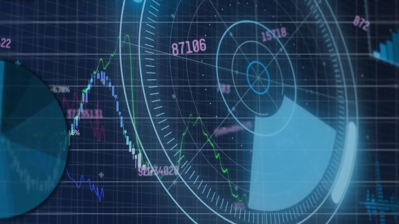 둥근 스캐너를 통해 변화하는 숫자의 애니메이션과 파란색 배경의 금융 데이터 처리