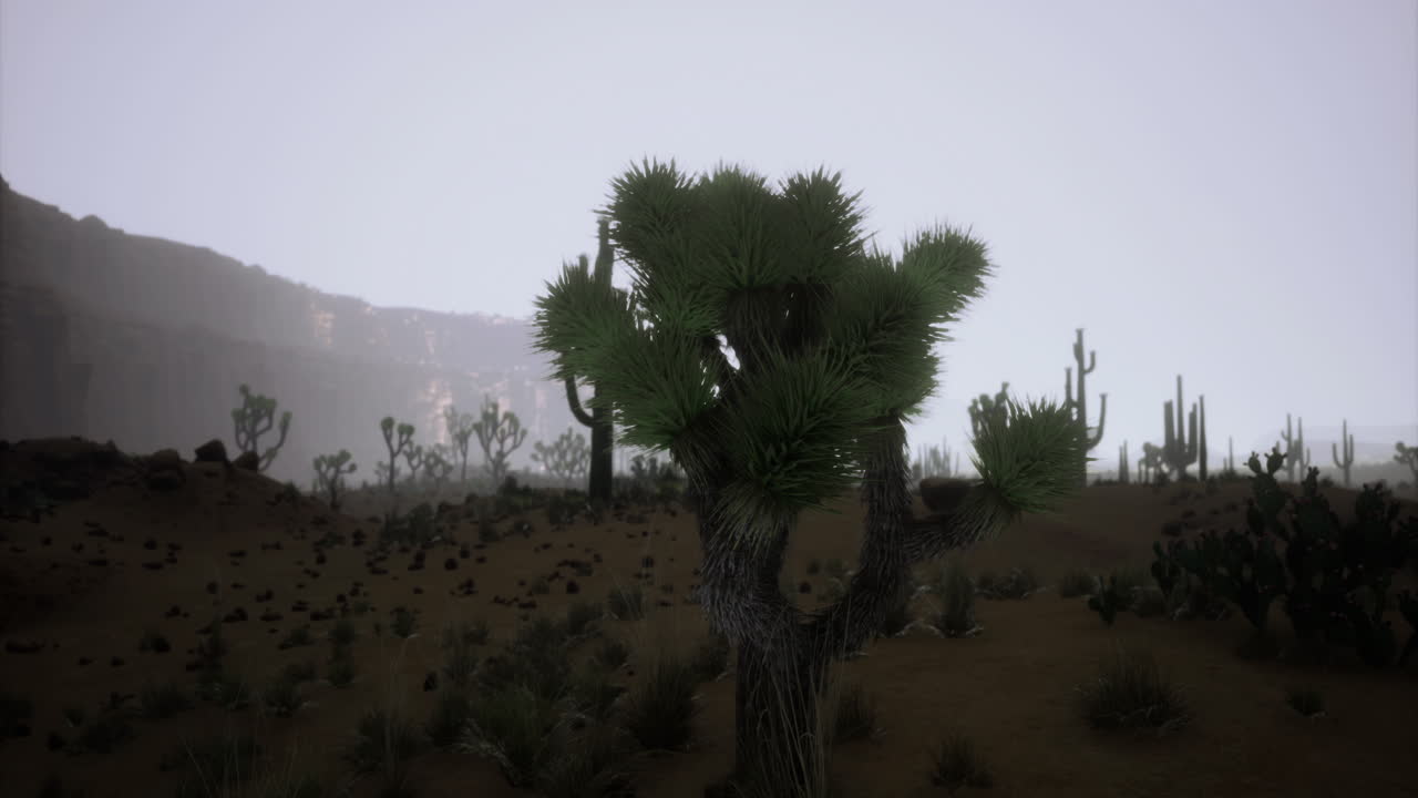 misterioso paisaje desértico con cactus bajo un cielo nublado al amanecer