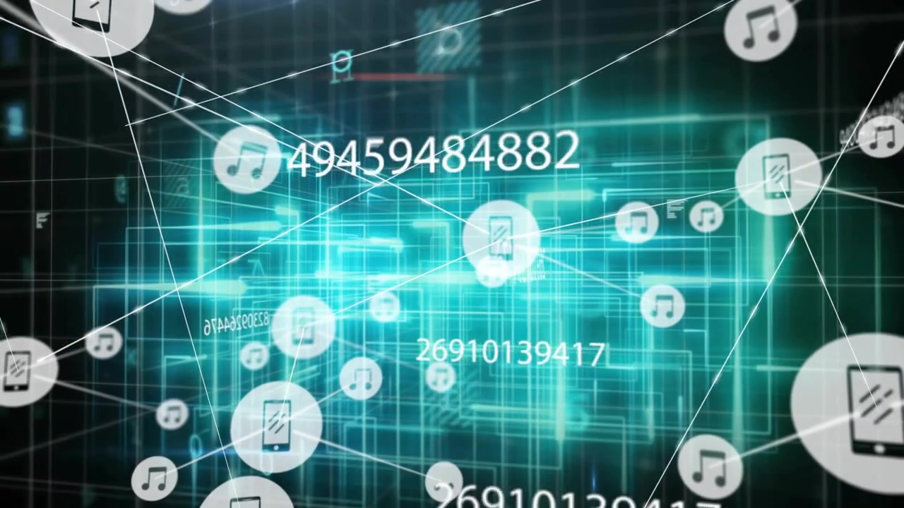 Stringa numerica che si aggiorna, un hub telefonico centrale che genera nodi e collegamenti, mostrando la connettività di rete.