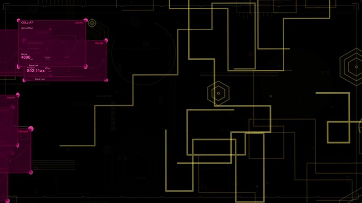 Booting, yellow net drawing block paths around hex node, magenta UIs stacking, showing readouts