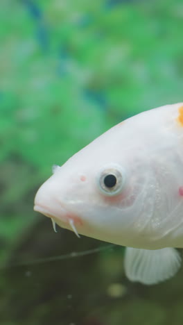 Close-up of koi fish swimming gracefully in a clear aquarium surrounded by lush green plants. Vibrant orange and white markings create a striking contrast, perfect for nature and aquarium-themed visuals