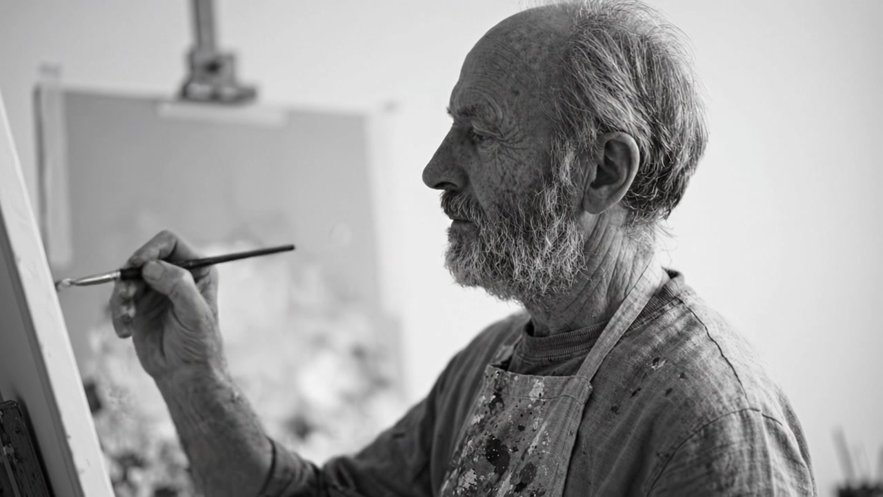 Un artista anziano che dipinge con passione su tela, mostrando anni di esperienza con un'espressione pensierosa, catturando l'essenza della creatività e della dedizione