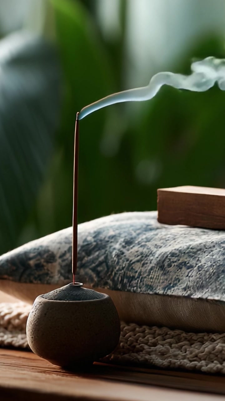 Dumanlı İzleriyle Şık ve Minimalist Tütsülük, Yumuşak Tekstil Arka Planında Sakinleştirici Bir Atmosfer Sunuyor – Rahatlama ve Tefekkür İçin Mükemmel