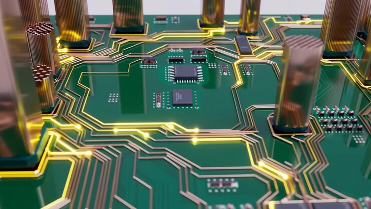 Glowing points travel through illuminated pathways across a green printed circuit board, passing compact chips and raised metallic columns while the close composition reveals layered connections.