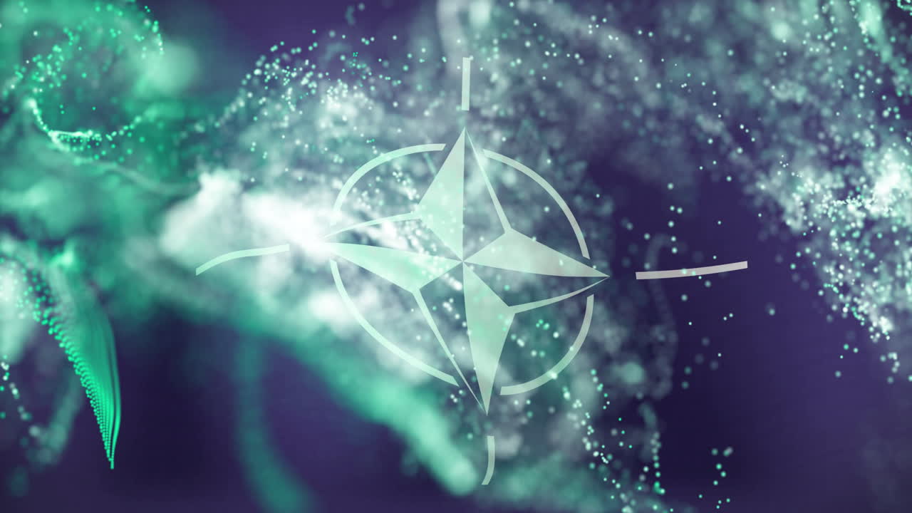 Swirling green and white particles forming animation around NATO emblem