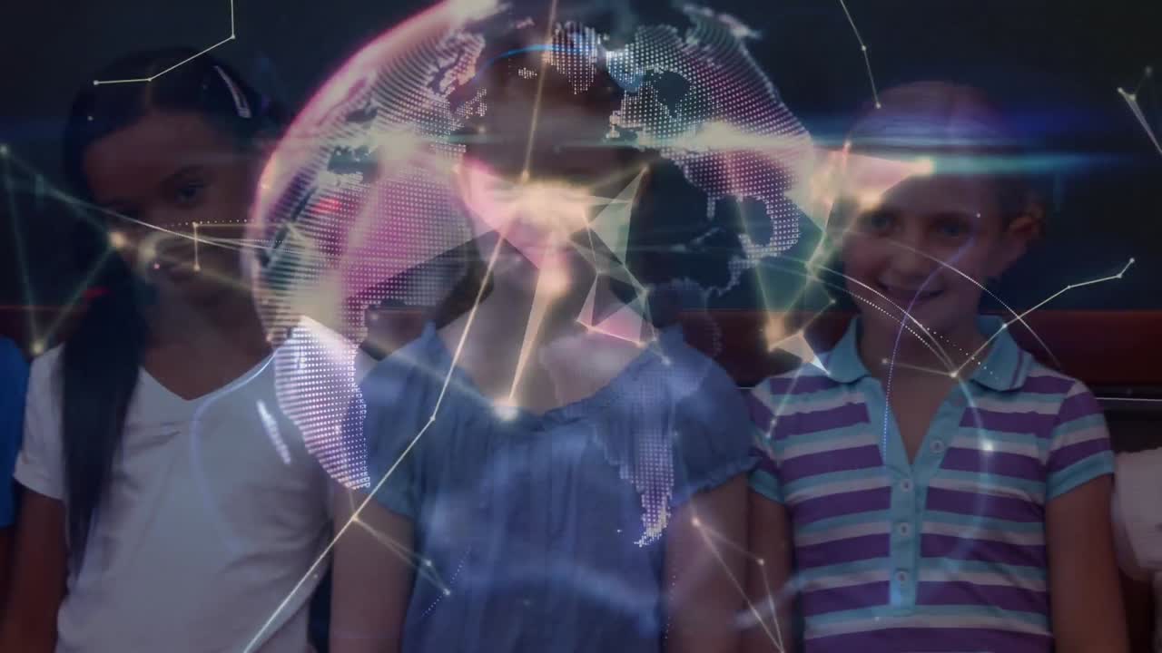 animación de redes de conexiones y globo digital sobre diversos escolares