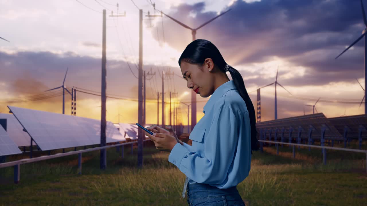 Side View Of Asian Female With Her Smartphone With Solar Panel and Wind Turbines, Checking With Dissapionted And Nodding Her Shead