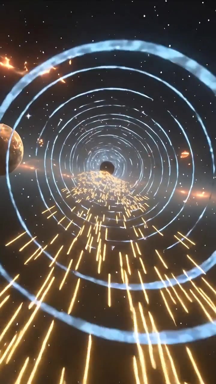Video verticale: Un vortice a spirale che trascina la vista verso il centro nello spazio, con anelli e un pianeta a sinistra.