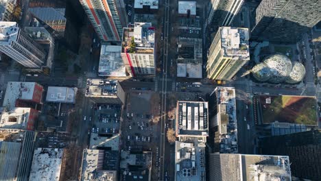 overhead, top-down aerial view of 5th avenue in seattle, with the amazon spheres