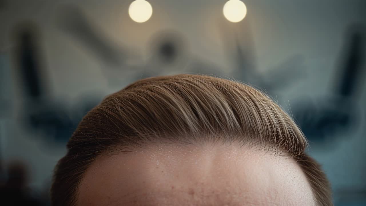 Capturing camera recording man's styled hair and forehead in salon under lights, showing texture
